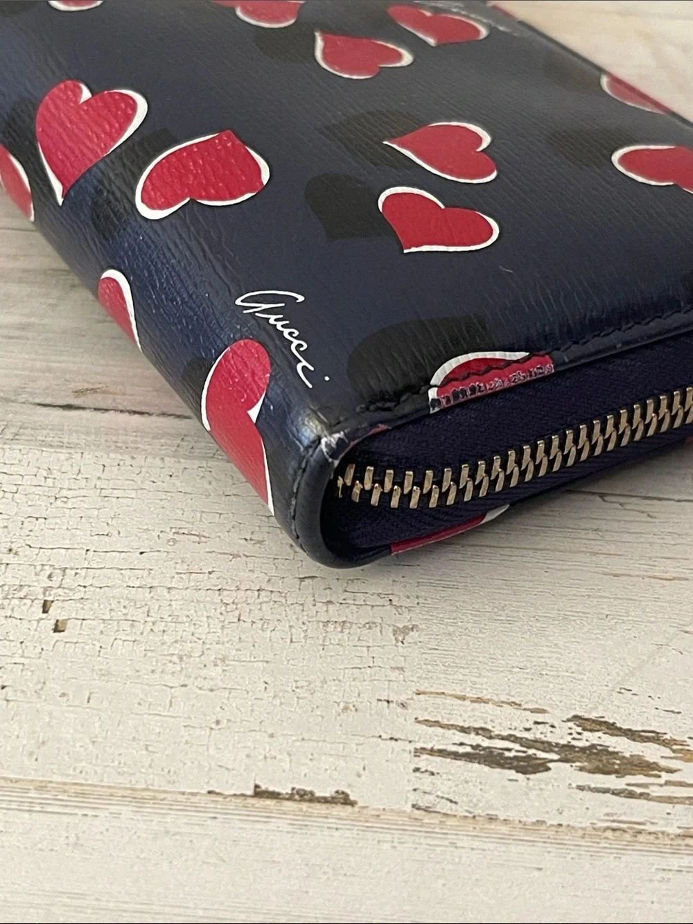Gucci Betty Heart Print Zip Around Continental Wallet Navy Leather